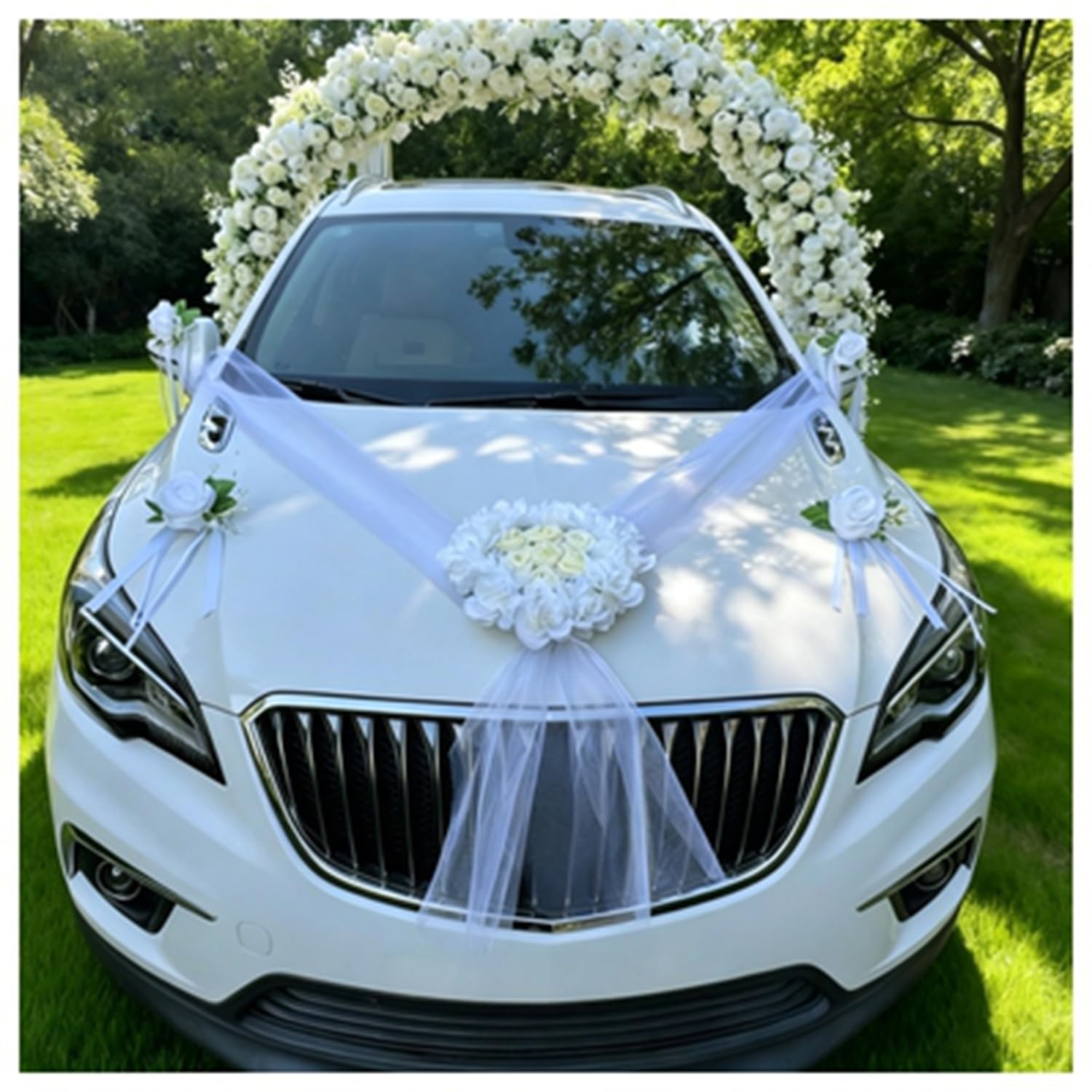 Autoschmuck Hochzeit Auto Schmuck Braut mit Band und Kabelbindern Wedding Girlande Auto Hochzeitsschmuck Rückspiegel Deko Blumen Hochzeitsauto Dekoration für Hochzeitsfeier Weiß 2 Stück