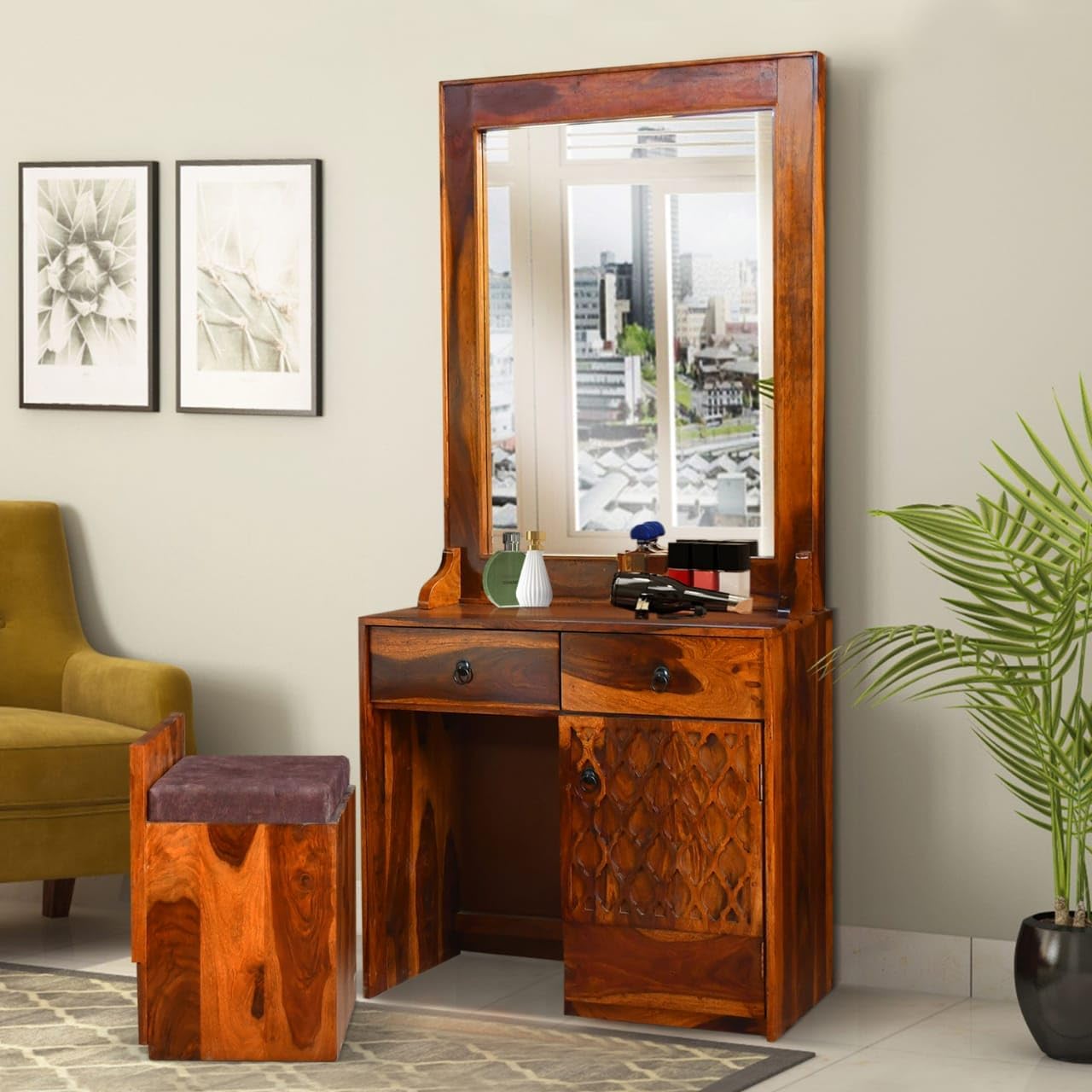 DN Furniture Sheesham Wood Dressing Mirror for Bedroom Full Length with 2 Drawer Compact Honey Finish Decorative Hanging and Standing Mirror | Dressing with 1 Stool-image-21