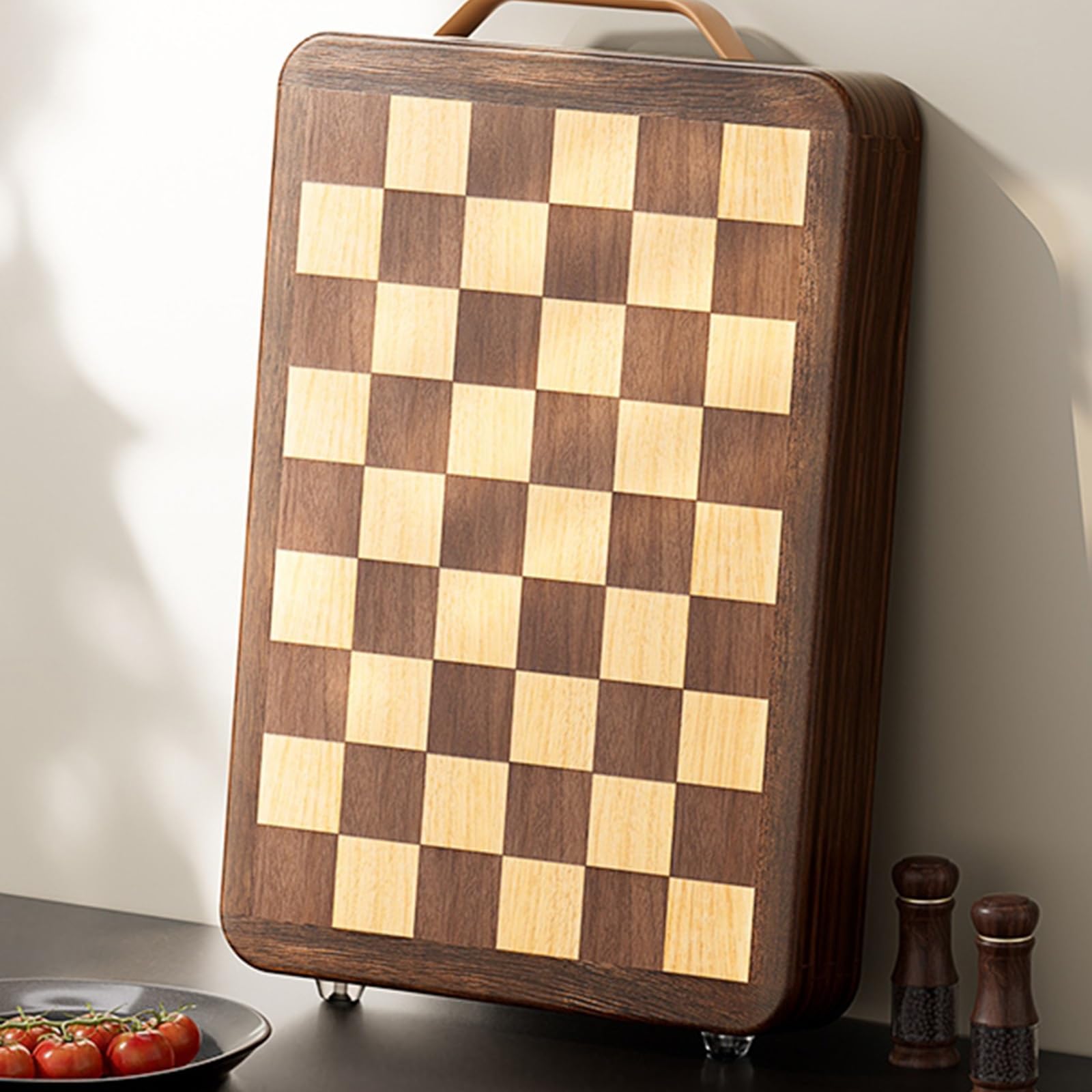 Tagliere da Cucina, Legno Massiccio di Acacia, 40x30 Cm, Antitaglio, con Scanalatura, A Scacchiera, Marrone(33 * 22 * 2.5cm)