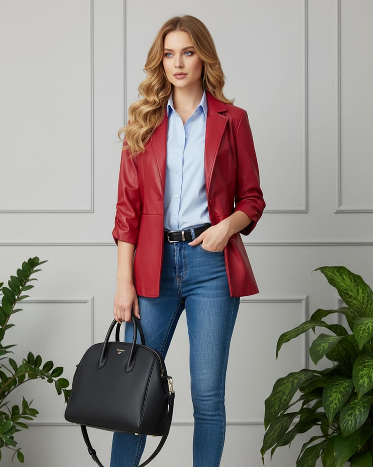 Women Faux Blazer Leather Dress Fit Suit Jacket Formal Coat 2025 Fall 2026 Spring Outfit Lady Fashion Lady Clothes Business Office Interview Work Corporate Semi Smart Professional Classy Red - Image 5
