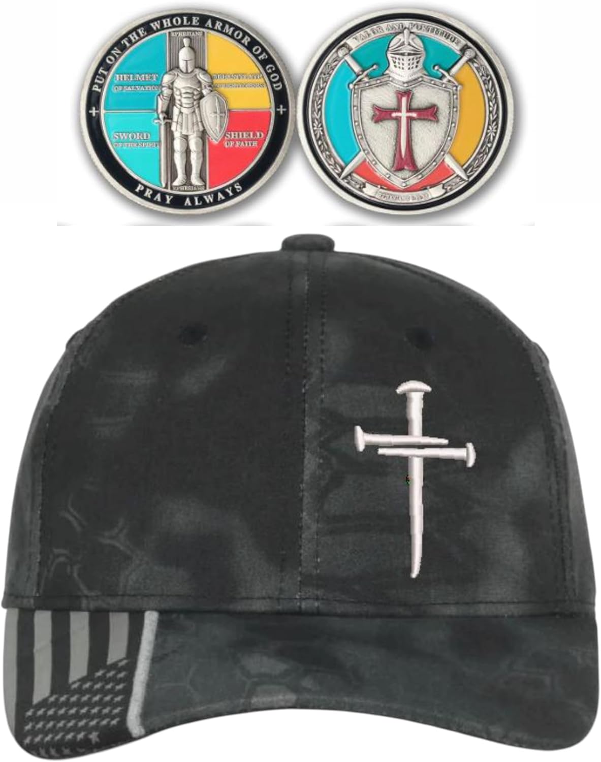Christian Cross Baseball Cap, Religious Sacred Nails Design, Typhoon CAMO HAT with Gray Embroidered Cross and Free 4" Window Decal.