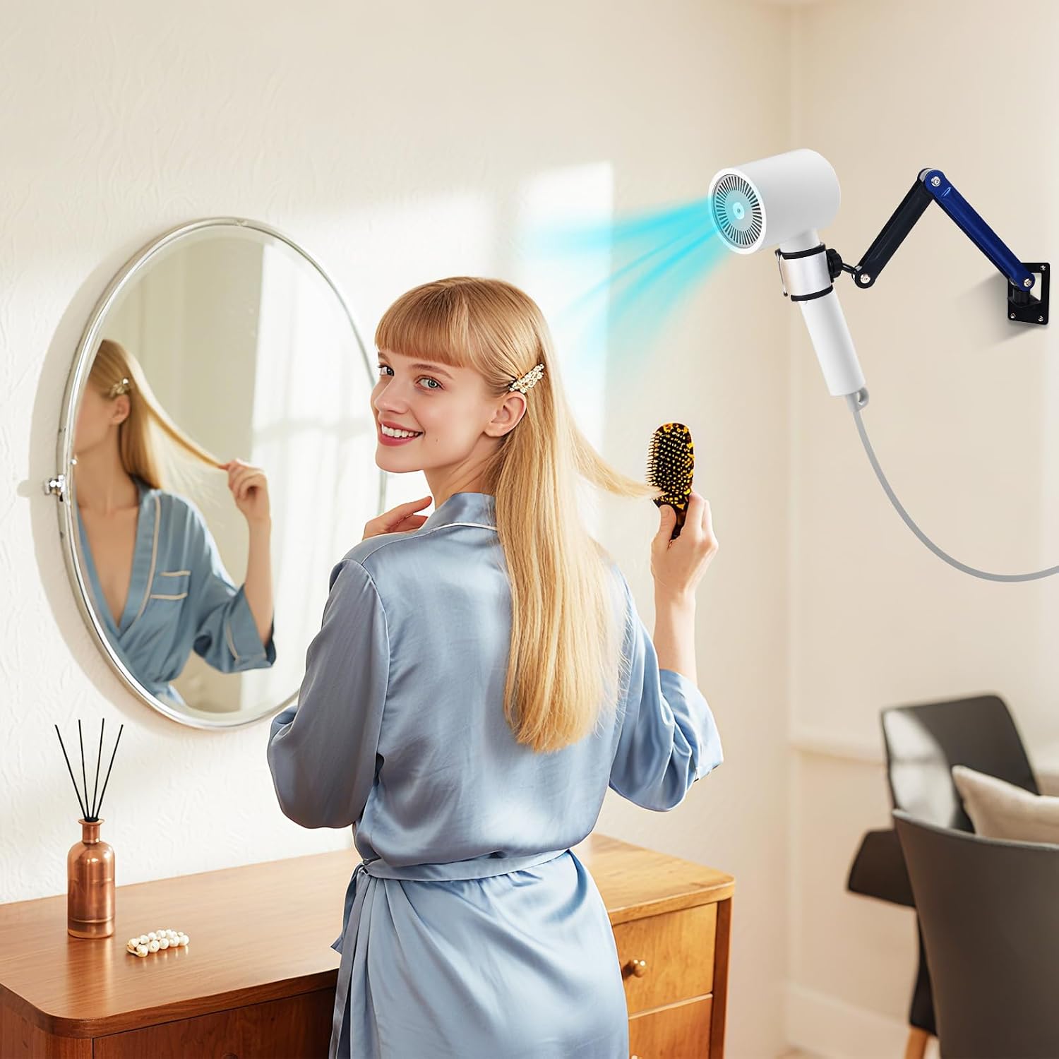 Hands Free Hair Dryer Holder,Adjustable Angle Wall Mounted Blow Dryer Stand Equipped with Universal Clip Allowing You to Dry Hair