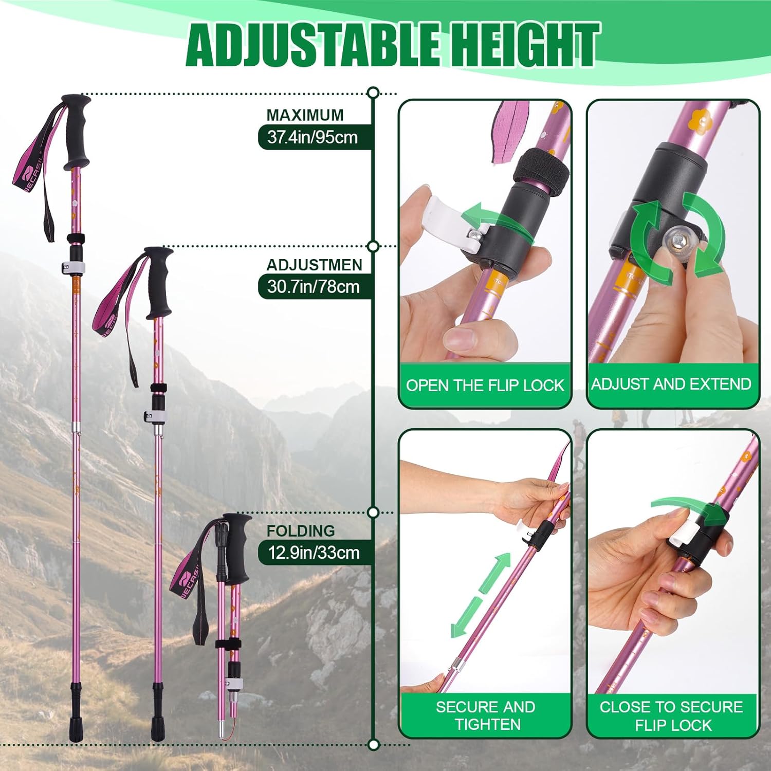 Trekking Poles - Lightweight Collapsible Kids Hiking Poles - Retractable Kids Hiking Stick, Telescoping Aluminum Trekking Poles 2 Pack, Adjustable Ski Poles