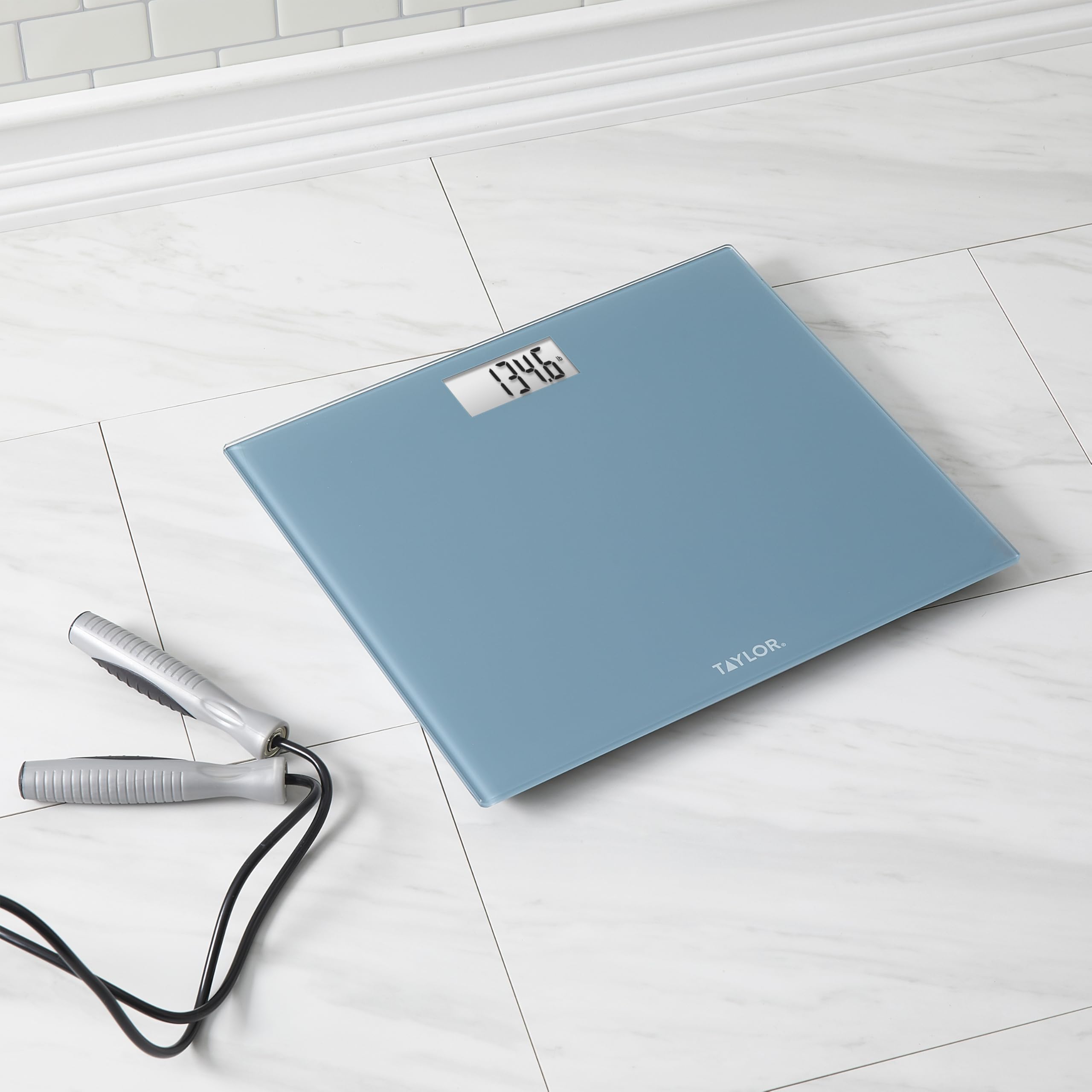 Taylor Báscula de baño digital extra ancha extra alta de 500 libras para peso corporal, alta precisión precisa y plataforma ultra ancha, máquina de pesaje digital para personas, fácil de leer, azul