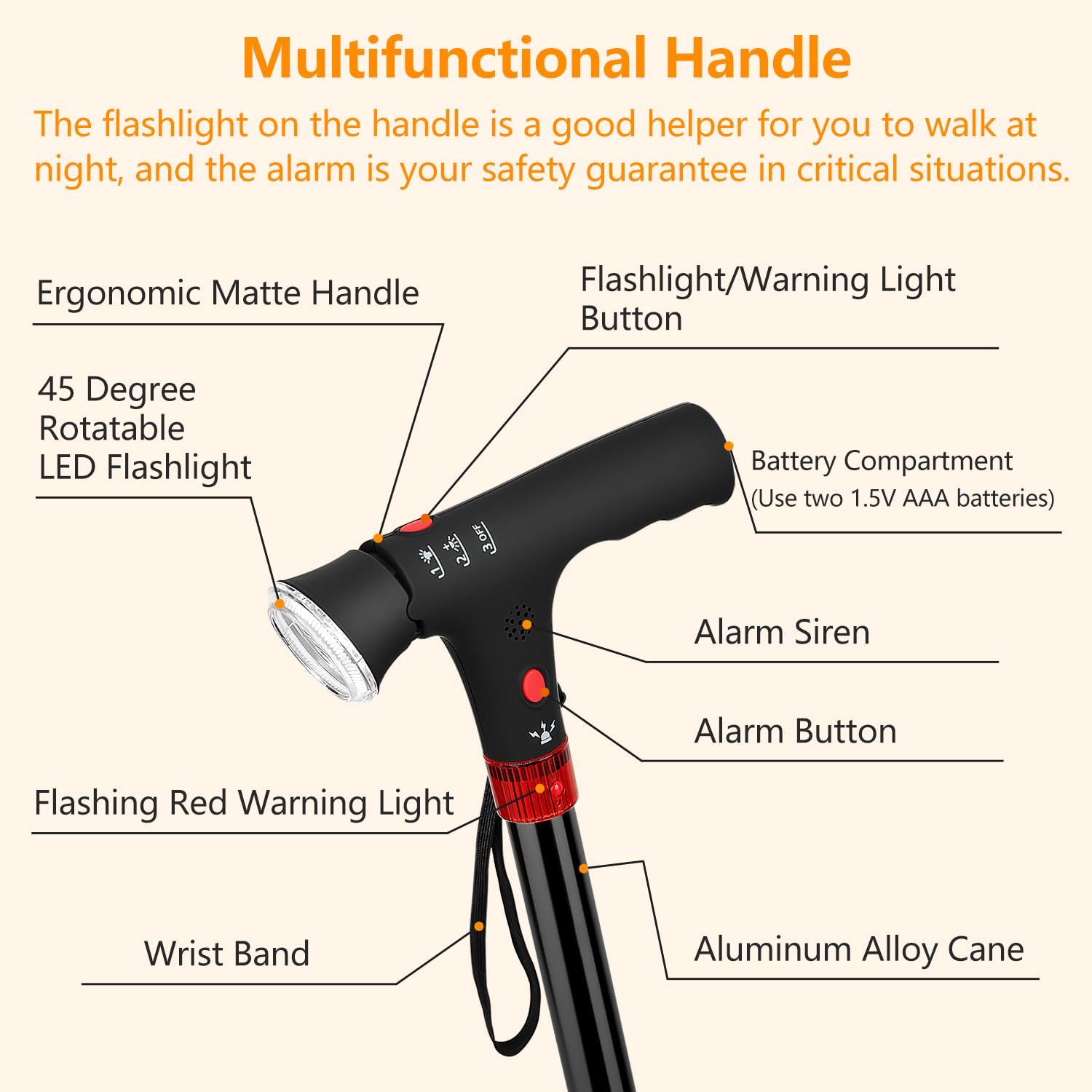 Bastón con luces LED y alarma, ajustable en 10 niveles de altura, adecuado para personas mayores
