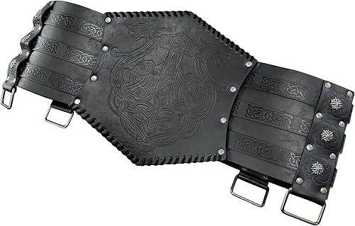 Miniatura 4 de HiiFeuer Viking - Armadura de cintura en relieve, cinturón ancho de piel sintética nórdica, cinturón de corsé medieval de caballero para disfraz LARP