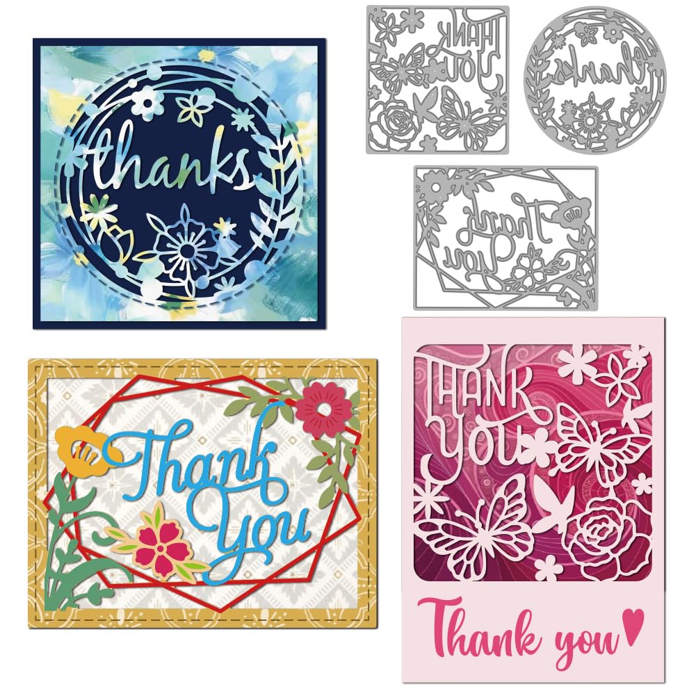 MAYJOYDIY Thank You Card Metal Cutting Dies Butterfly Rose Flower Carbon Steel Stencils Square Oval Geometric Frame Embossing Template Dies for DIY Paper Craft Card Making Scrapbooking Album Decor