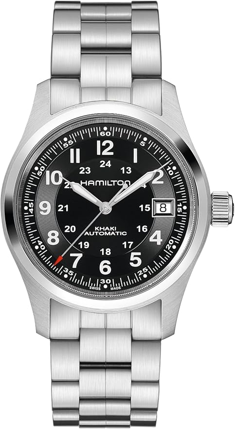 Hamilton Hamilton Khaki Field Automatic Men's Watch, 38mm Stainless Steel Case, Swiss Made, Black Dial Analog Wrist Watch for Men, 100m Waterproof, Sapphire Crystal, 3-Hand Movement, Stainless Steel Strap 