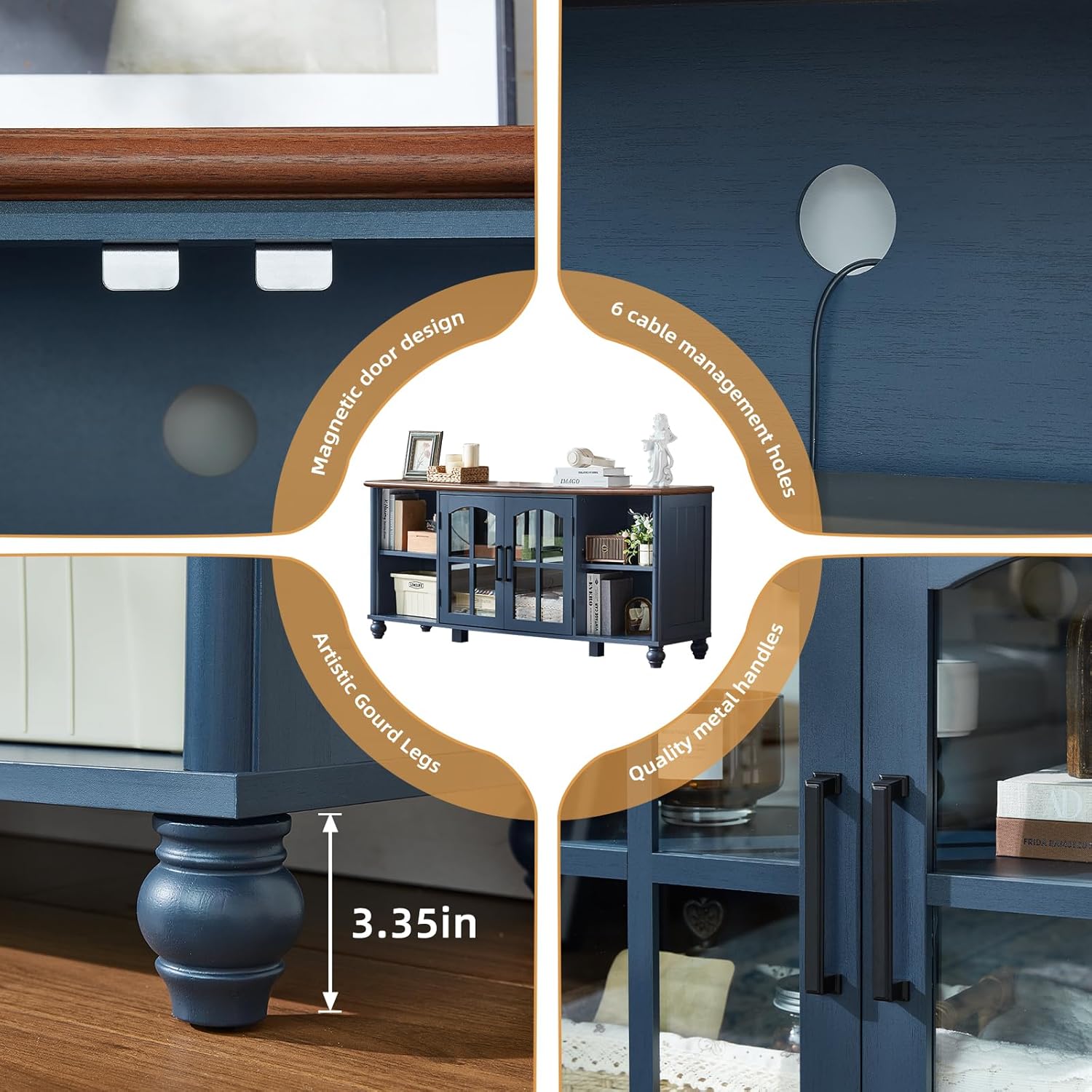 Farmhouse TV Stand for 60 Inch TV, Wood Entertainment Center with Adjustable Shelves & Glass Door Storage Cabinet,Television Stands for 65" TVS,TV Console Table for Living Room,Bedroom,Navy Blue