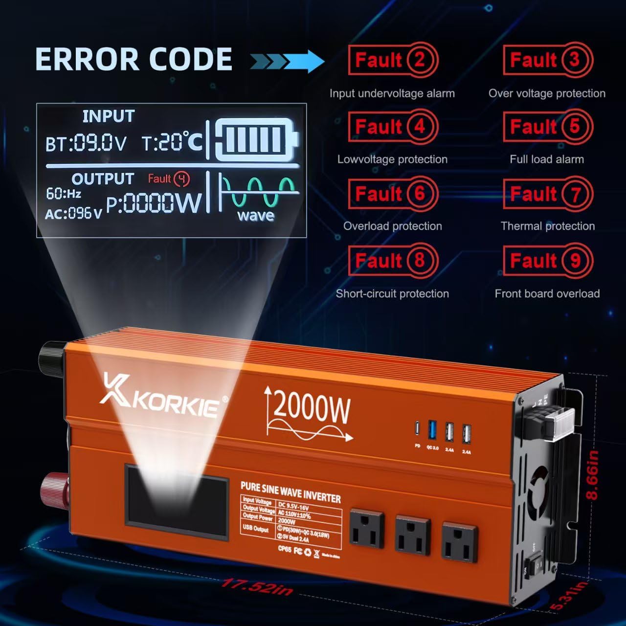 KORKIE 2000W Pure Sine Wave Inverter LCD display showing fault codes