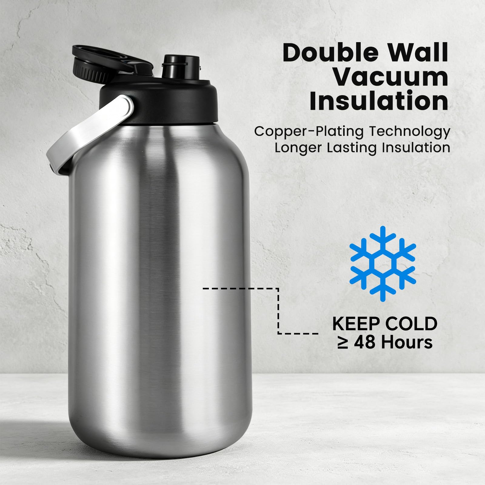 Kerilyn Borraccia termica con bocca larga, in acciaio inox da 3,6 litri, per bevande calde e fredde, grande bottiglia d'acqua con manico, grande brocca d'acqua per sport, viaggi