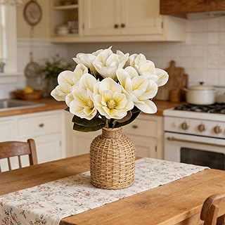 8PCS Artificial Magnolia Flowers 16.7inch Real Touch 8 Heads Fake White Magnolia Flowers for Home Office Wedding Holidays Party Table Centerpiece Vase Indoor Outdoor Decor (White)