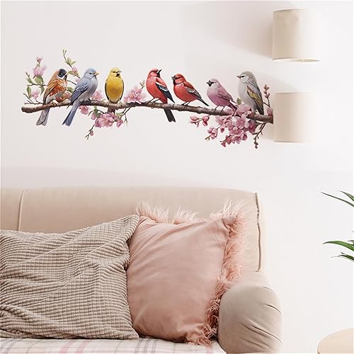 Calcomanías de pared de ramas de árbol de pájaro loro, calcomanías de pájaros lindos con flores rosadas, despegar y pegar, murales de arte de pared