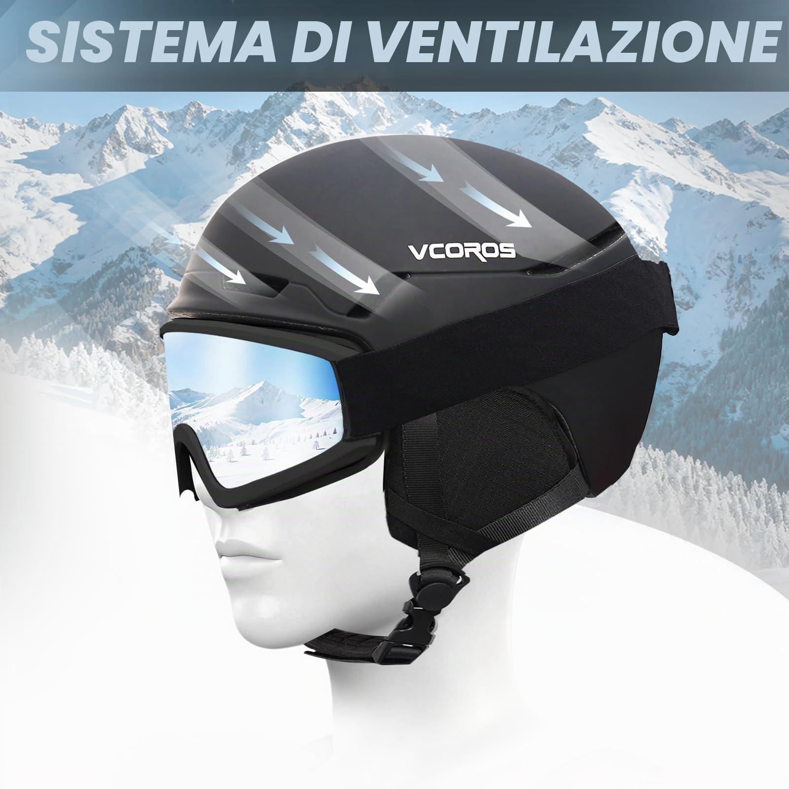 Casco da Sci con Occhiali da Sci Casco Sci per Uomo Donna con Cuscinetti Auricolari Rimovibili Ventilazione UV Ski Helmet per Ski (Nero Opaco+Occhiali da Sci, L)