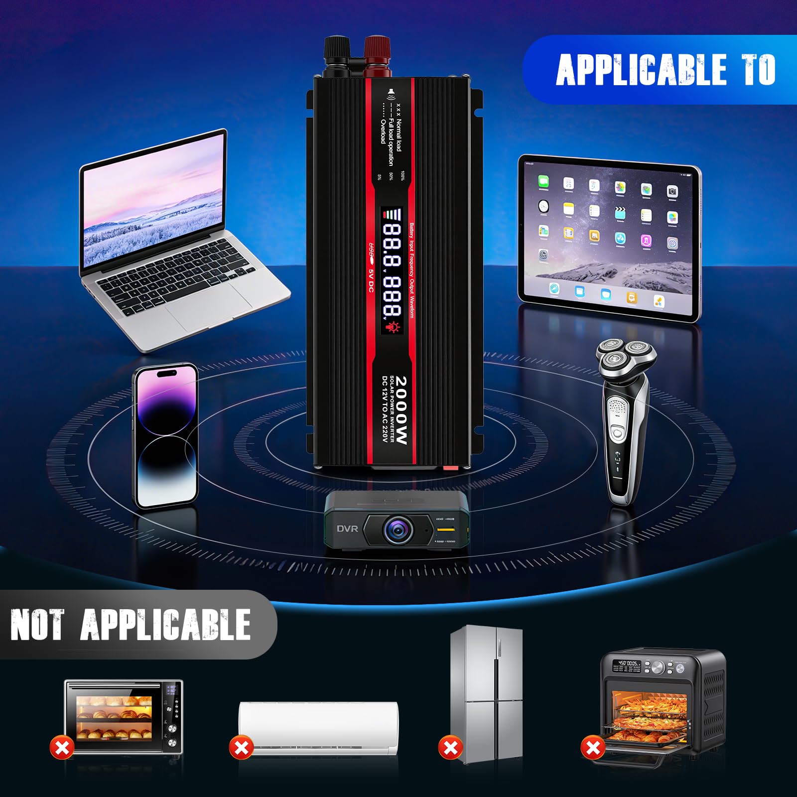 2000W Convertisseur 12V 220V/230V Pur Sinus Transformateur avec Prise EU de Courant Alternatif, Port USB, écran LCD,Allume Cigare Prise Electrique pour Voiture, Camping, Voyage, Panneau Solaire