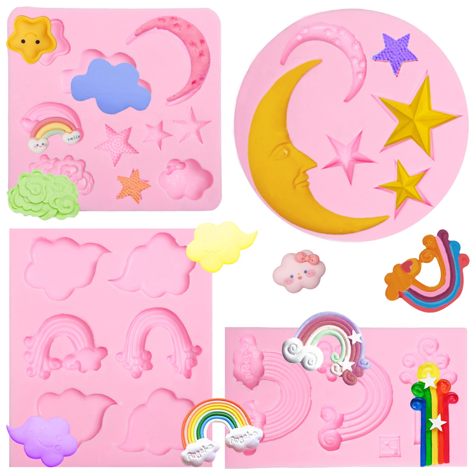 Silikonformen für Fondant mit Regenbogenwolken, Schokoladenformen mit Sternen und Monden für Tortendekoration, Cupcake-Topper, Süßigkeiten, Tortendekoration, 15x15x1 cm (Rosa-TP281)