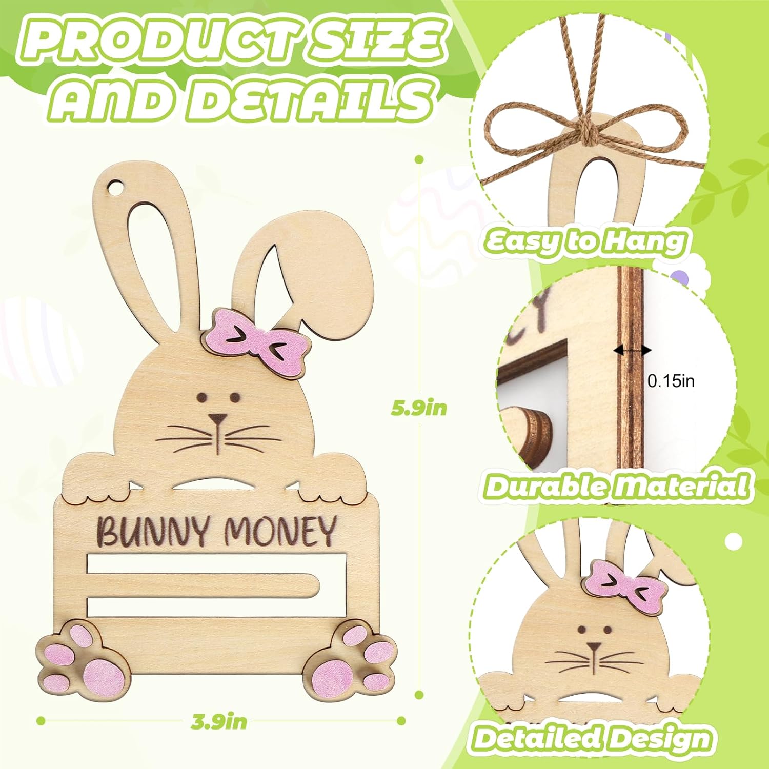 Yewfold Easter Bunny Money Holder for Cash, Cash Holder for Easter Basket Stuffers, Wooden Bunny Money Gift Ideas (Pink)