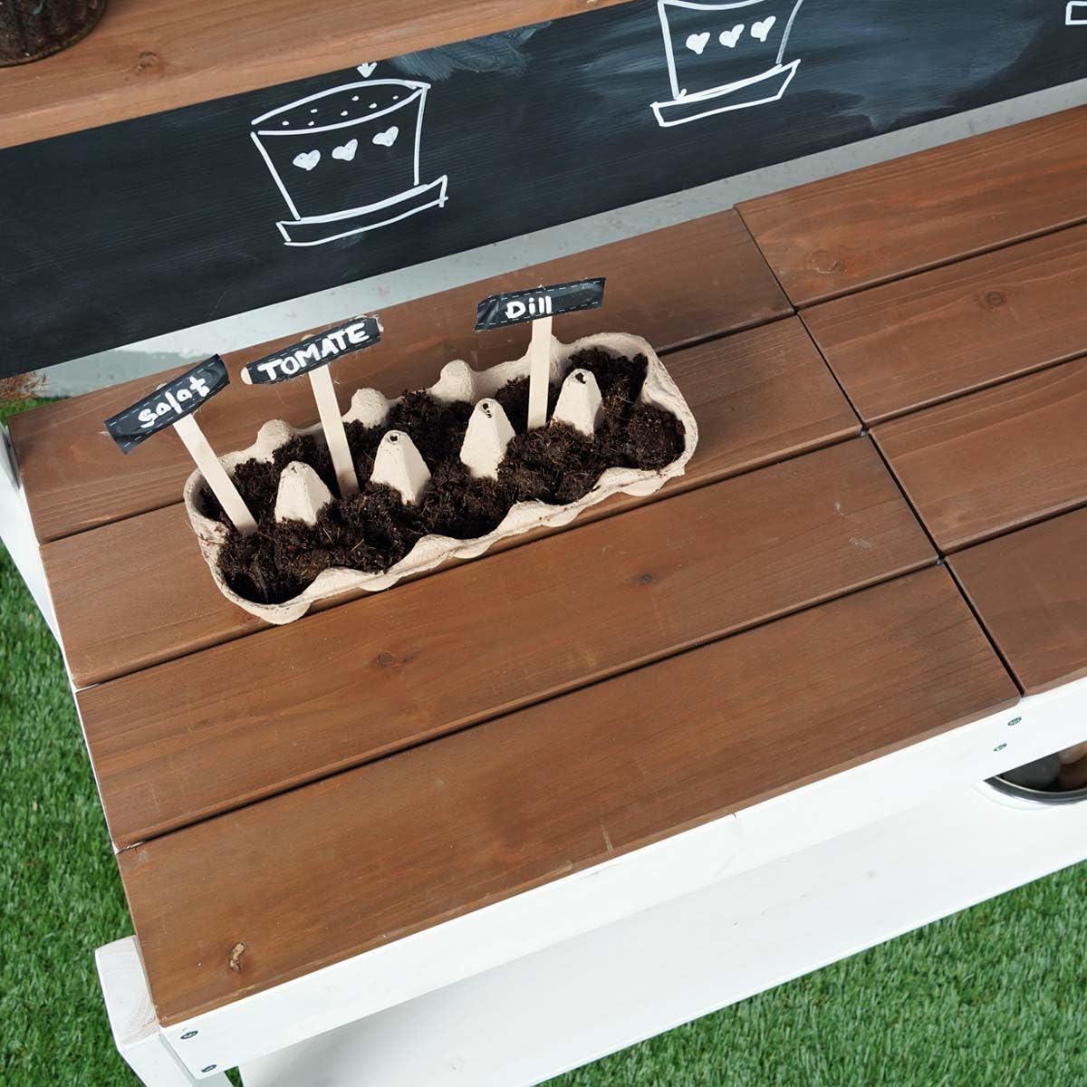 Meppi Matschküche Kleiner Gärtner aus Holz - Outdoorküche für Kinder mit Matschwannen - Pflanztisch & Basteltisch