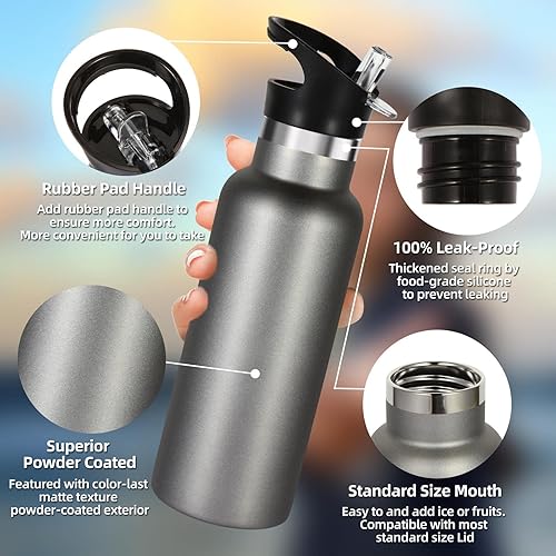 Miniatura 9 de Volhoply Botella de agua aislada de 17 onzas para niños, botellas de agua de acero inoxidable con tapa con pajilla, botella de agua térmica metálica