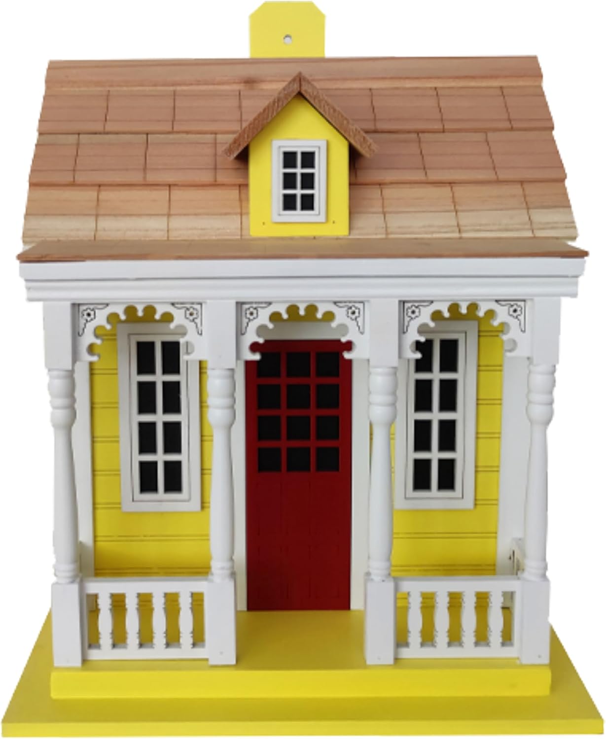Home Bazaar Bristol Cottage Bird House, Yellow, Handcrafted Wooden Outdoor Birdhouse with White Trim, Red Door & Floral Accents, 1.25" Entry for Wrens, Finches & Chickadees