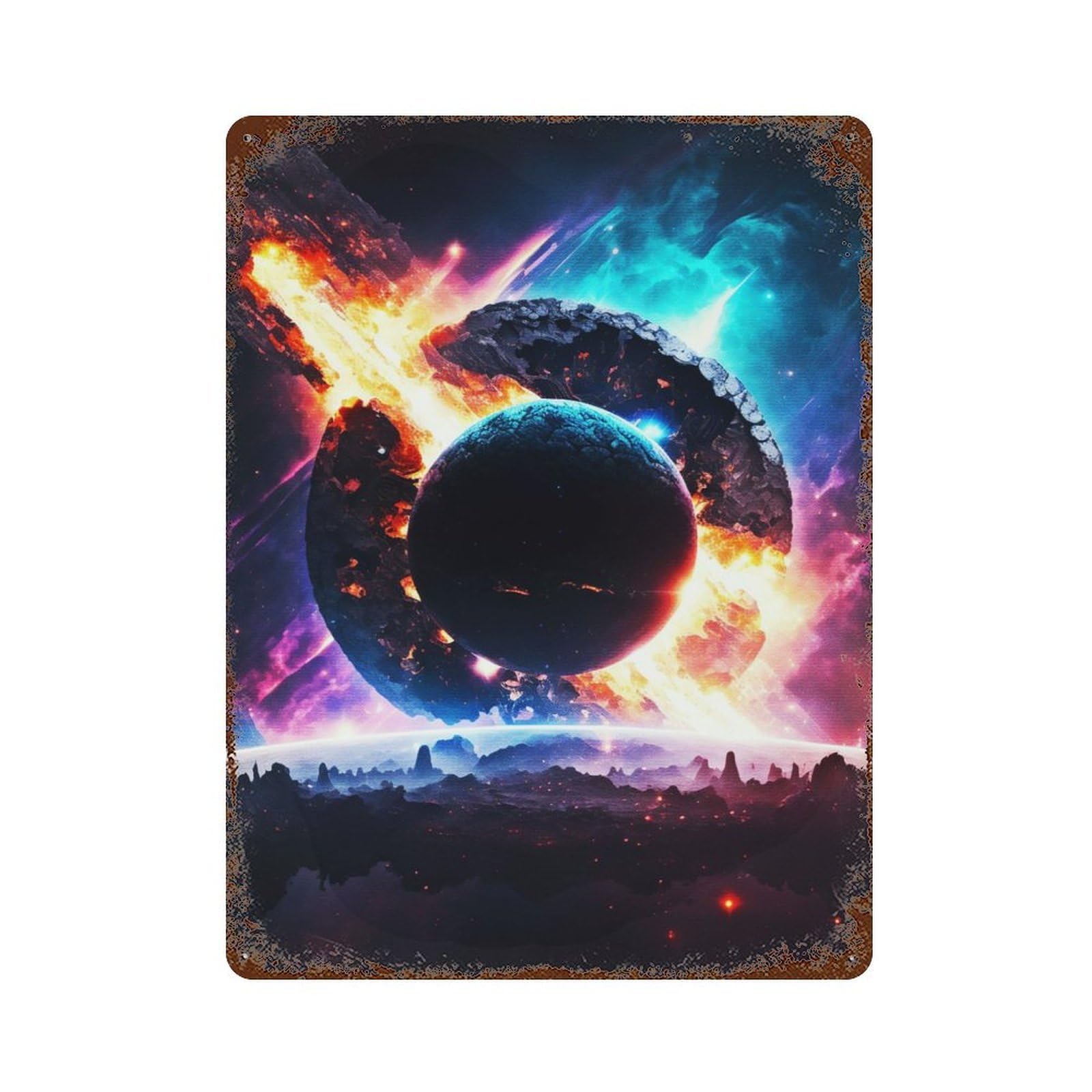 Realistic Planet in Space Rusty Metal Tin Sign 15.7"x11.8", Industrial Home Decor for Garage, Pub Or Kitchen