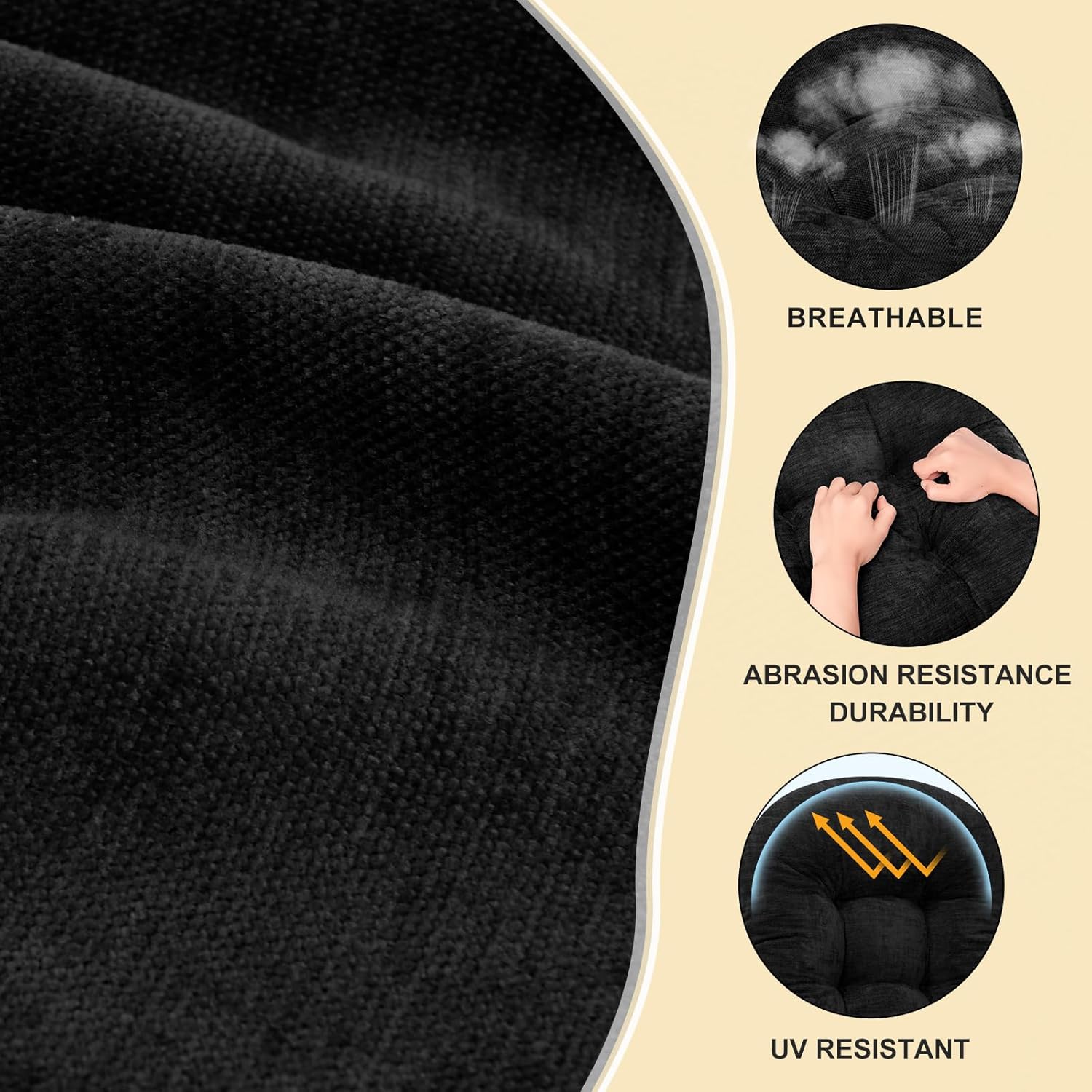 rocking chair cushion - chenille fabric, high-density sponge, durable comfort non-slip bottom tufted seat pads with ties, chenille?black, 44x19x4 inch chenille i black 44x19x4 inch