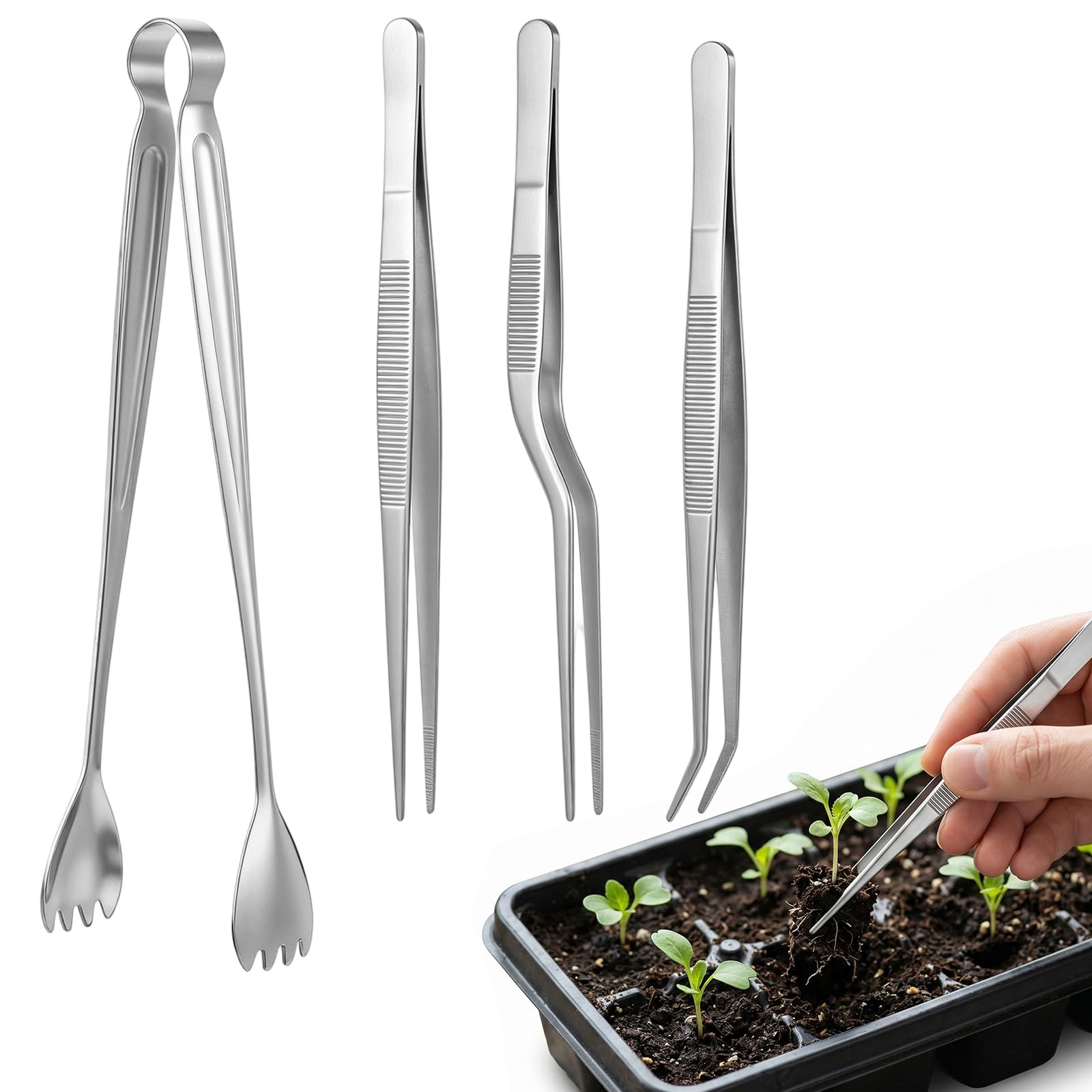 4 Pcs Seedling Transplant Tweezers Set- Stainless Steel Plant Tongs
