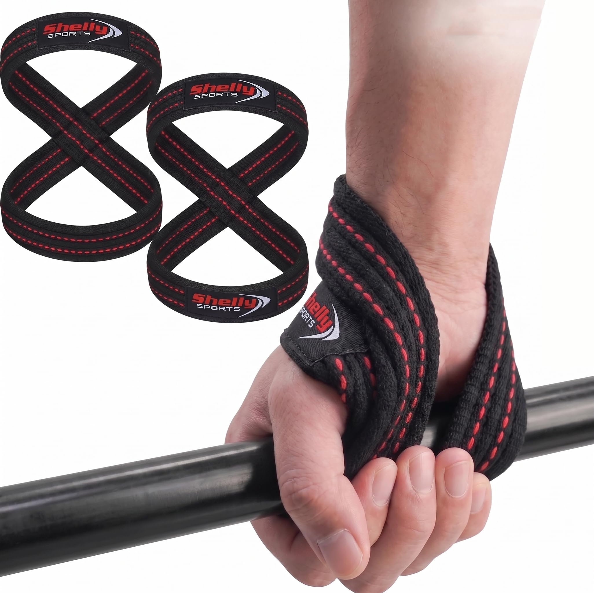 Shelly Figure 8 Straps for Heavy Duty Deadlift Weightlifting Powerlifters Cotton Straps available in 4 Sizes Elite Double Loop for Workout Enthusiasts GYM Training Support Hand (Large)