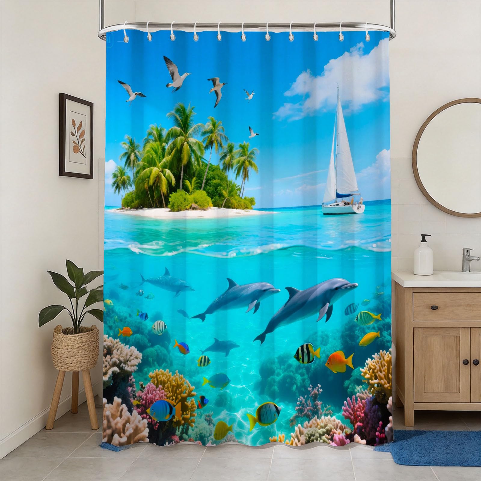 Hongduo 3D Dolphin Island Shower Curtain for Stalls Bathtubs Coral Reef Bathroom Decor Shower Curtain Set Polyester Fabric Waterproof 180x180cm/71X71 Inch with Hooks