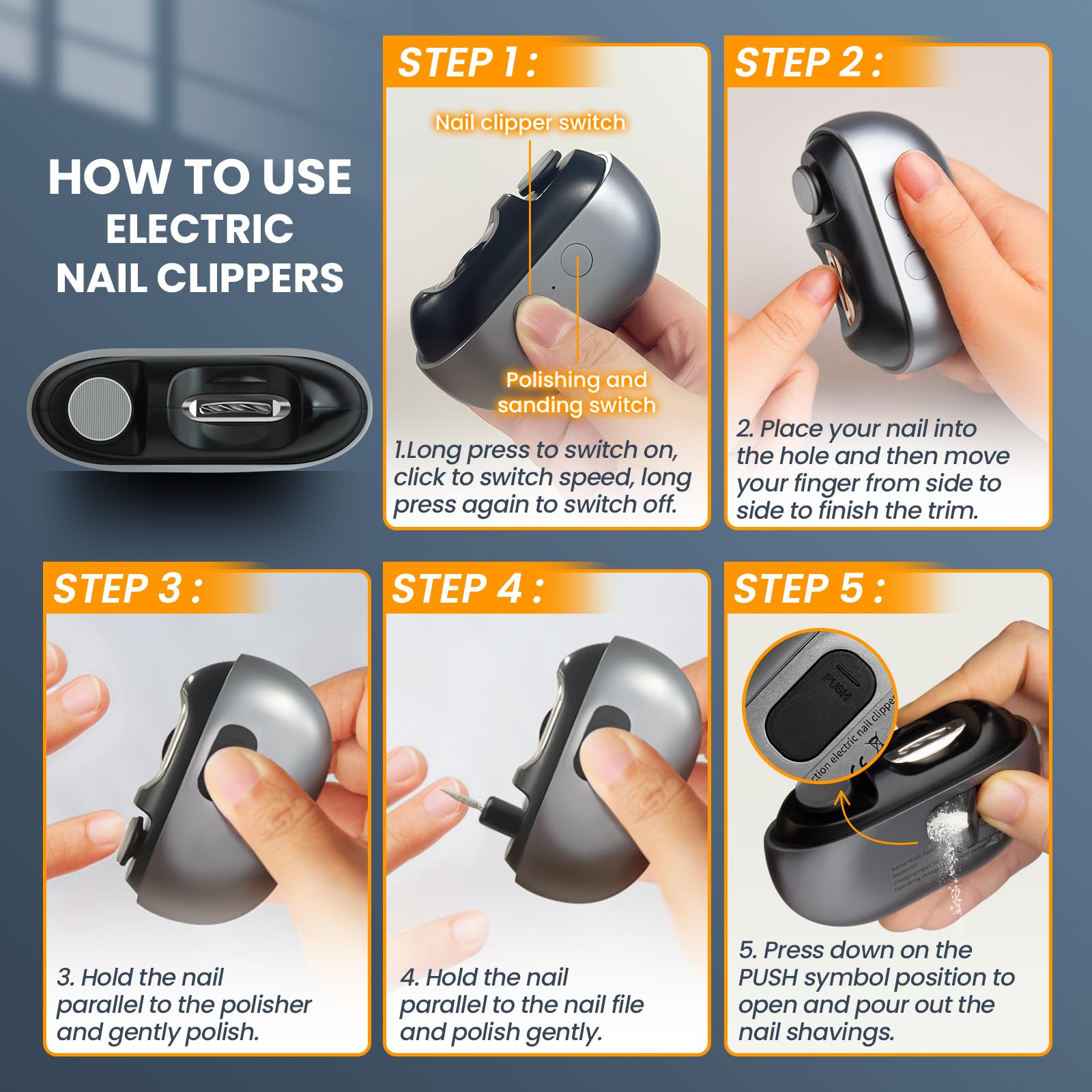Cortaúñas eléctrico: cortaúñas automático 3 en 1, pulidor y almacenamiento de clips con luz LED, recargable por USB y 2 velocidades de marchas, cortador automático de uñas de seguridad para bebés