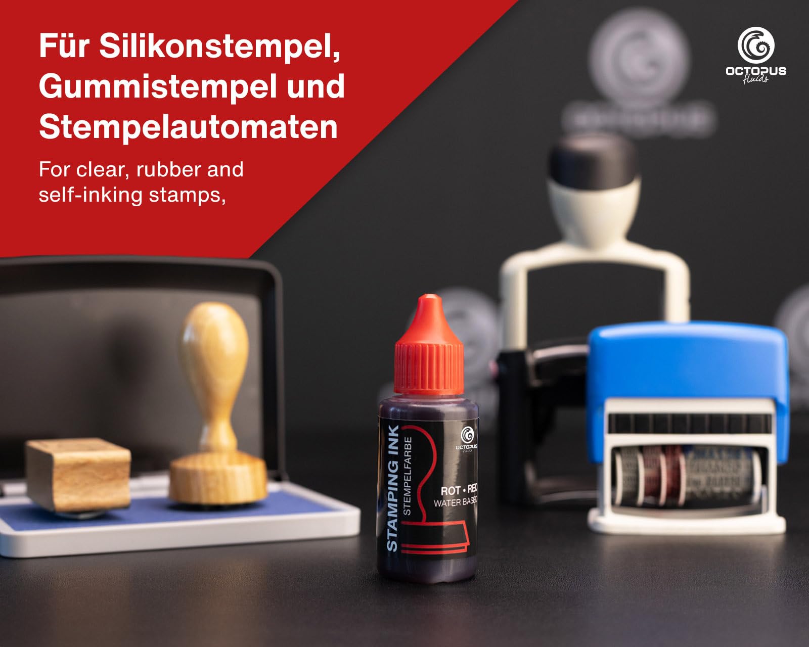Octopus Tusz do stemplowania płynów, tusz do napełniania do poduszek do stempli i automatycznych urządzeń do tłoczenia, tusz do stemplowania 1000 ml, czerwony bez oleju