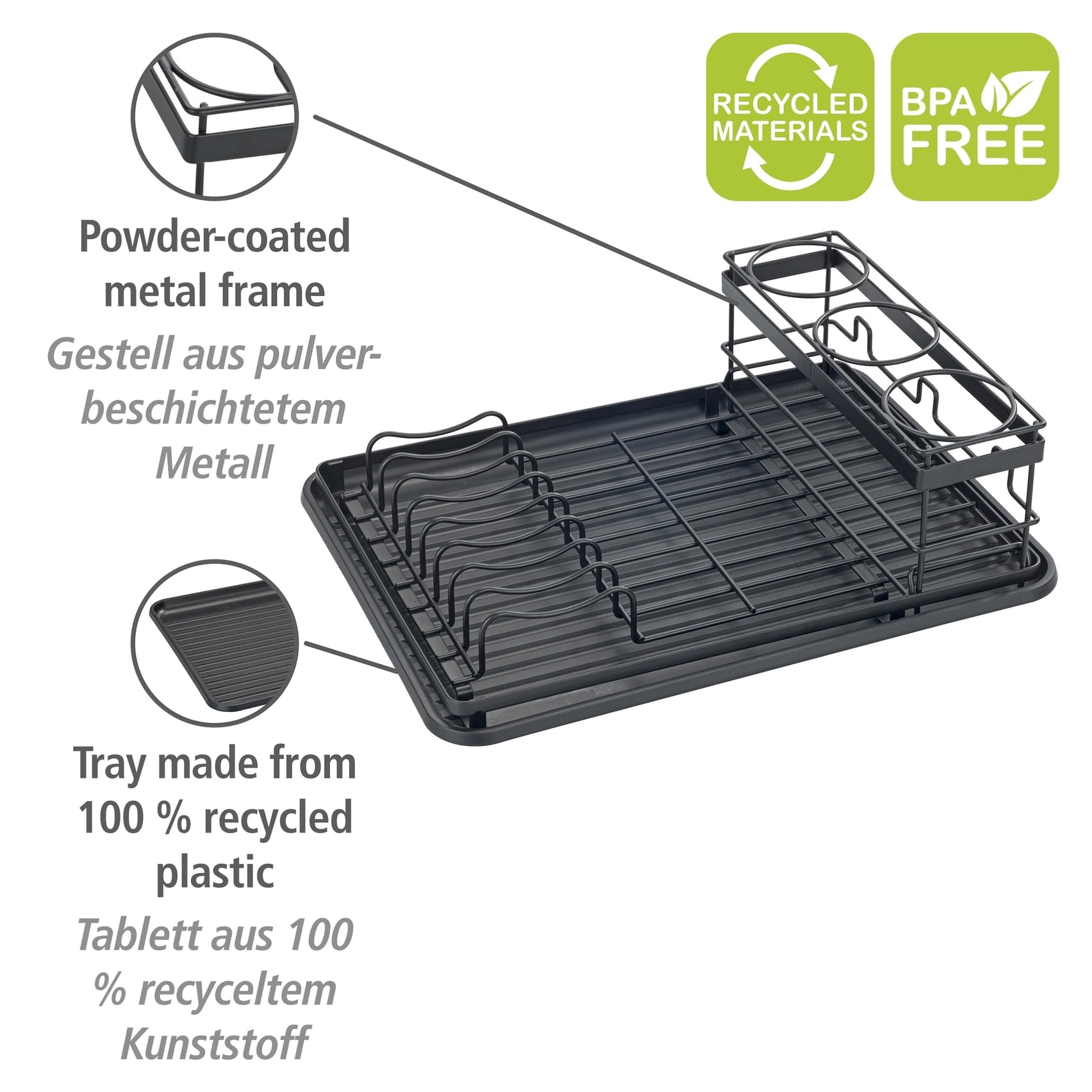 WENKO Amy Égouttoir à Vaisselle avec Porte-Bouteilles, pour évier, Composants Amovibles, Plateau en Plastique recyclé, Noir