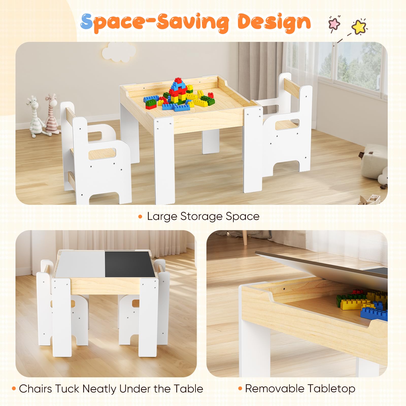 Kindersitzgruppe mit Tisch und 2 Stühlen, Multifunktionaler Kindertisch mit Schreibtafel & Aufbewahrung, Robustes Holzdesign, Sicher & Platzsparend, für Kinder ab 3 Jahren