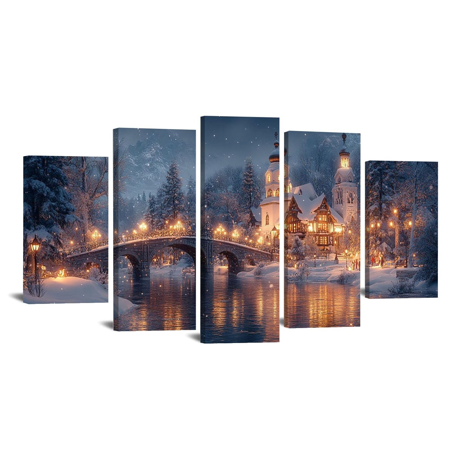 AMXBZC 5 Piezas invierno nieve Grande Dormitorio Cocina Cuadros Hermoso árbol invernal Pared Imágenes Cuadros Decoracion Salon Wall Art Prints Decor（Beige-100x200cm Enmarcado