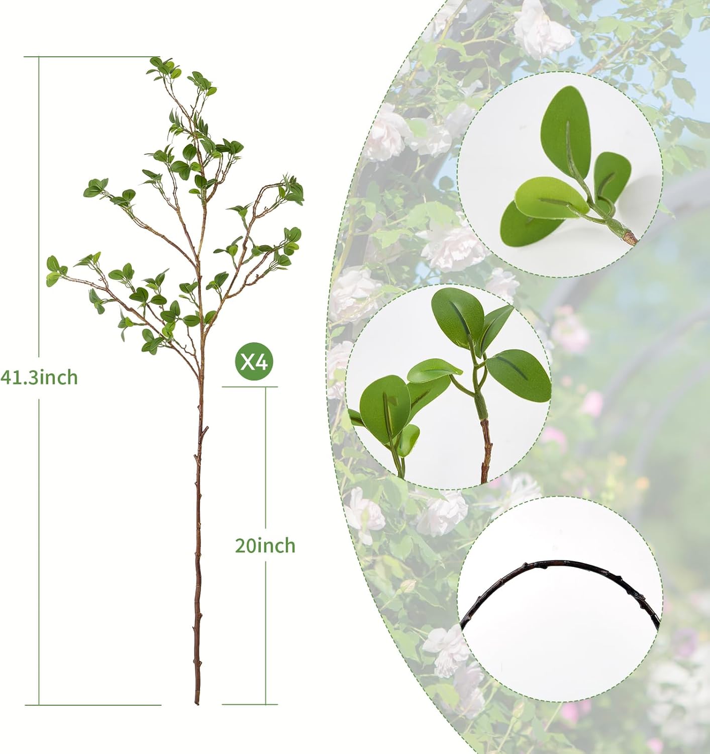 4 pcs 41.3inch Greenery Stems Artificial Branches for Vases Olive, Spring Green Long Stem Fake Plants Indoor Branches for Garden Office Home Desk Decoration