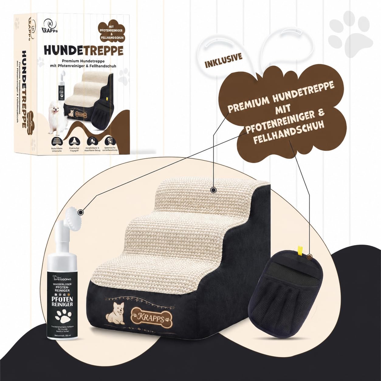 Hundetreppe für kleine Hunde mit Tierhaarentferner-Handschuh und Pfotenreiniger - Katzentreppe für Sofa und Bett, rutschfest, wasserabweisend, mit waschbarem Bezug