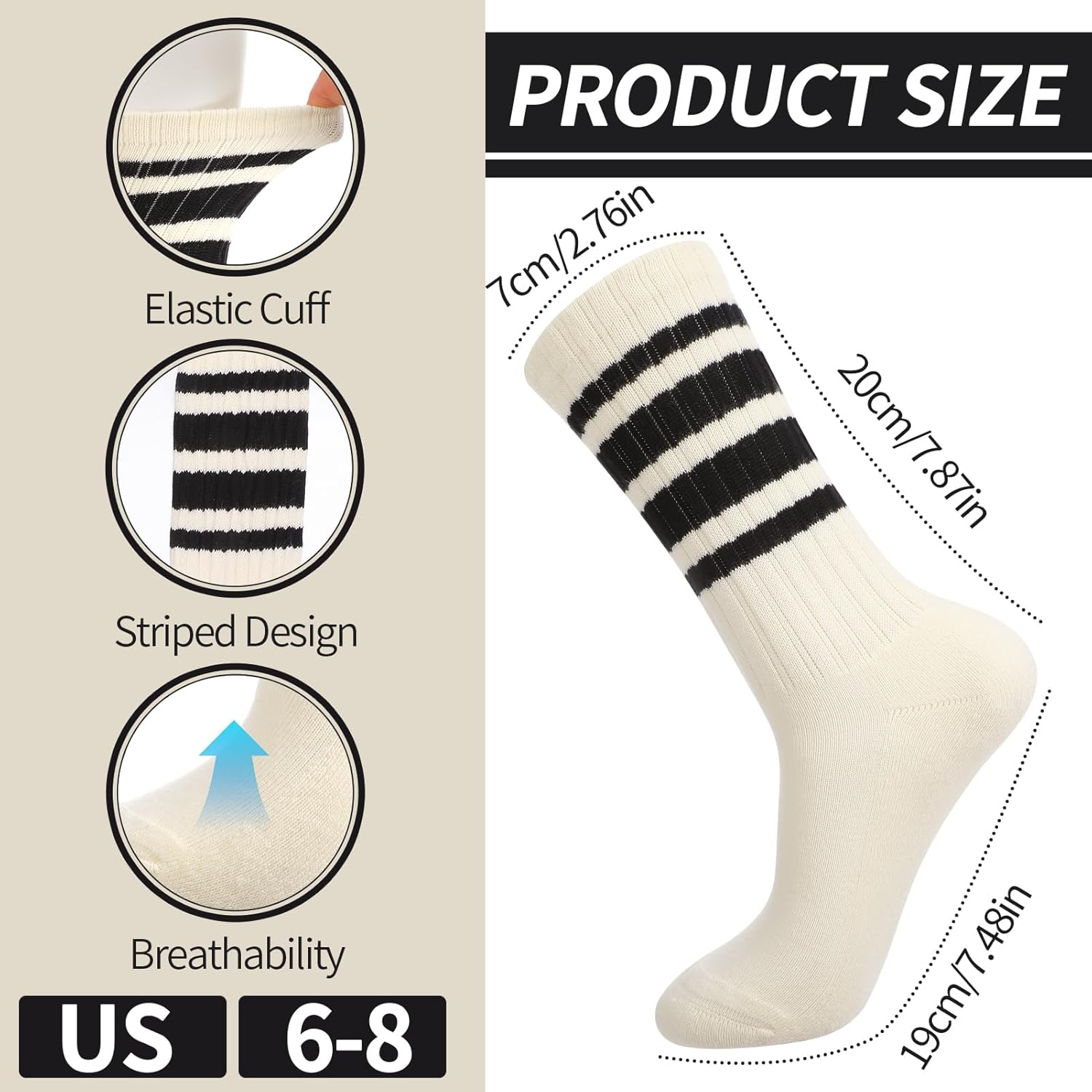 4 Pairs Striped Crew Socks for Women Cotton Athletic Sock with Lightweight Comfortable Size 7-10 - Image 4