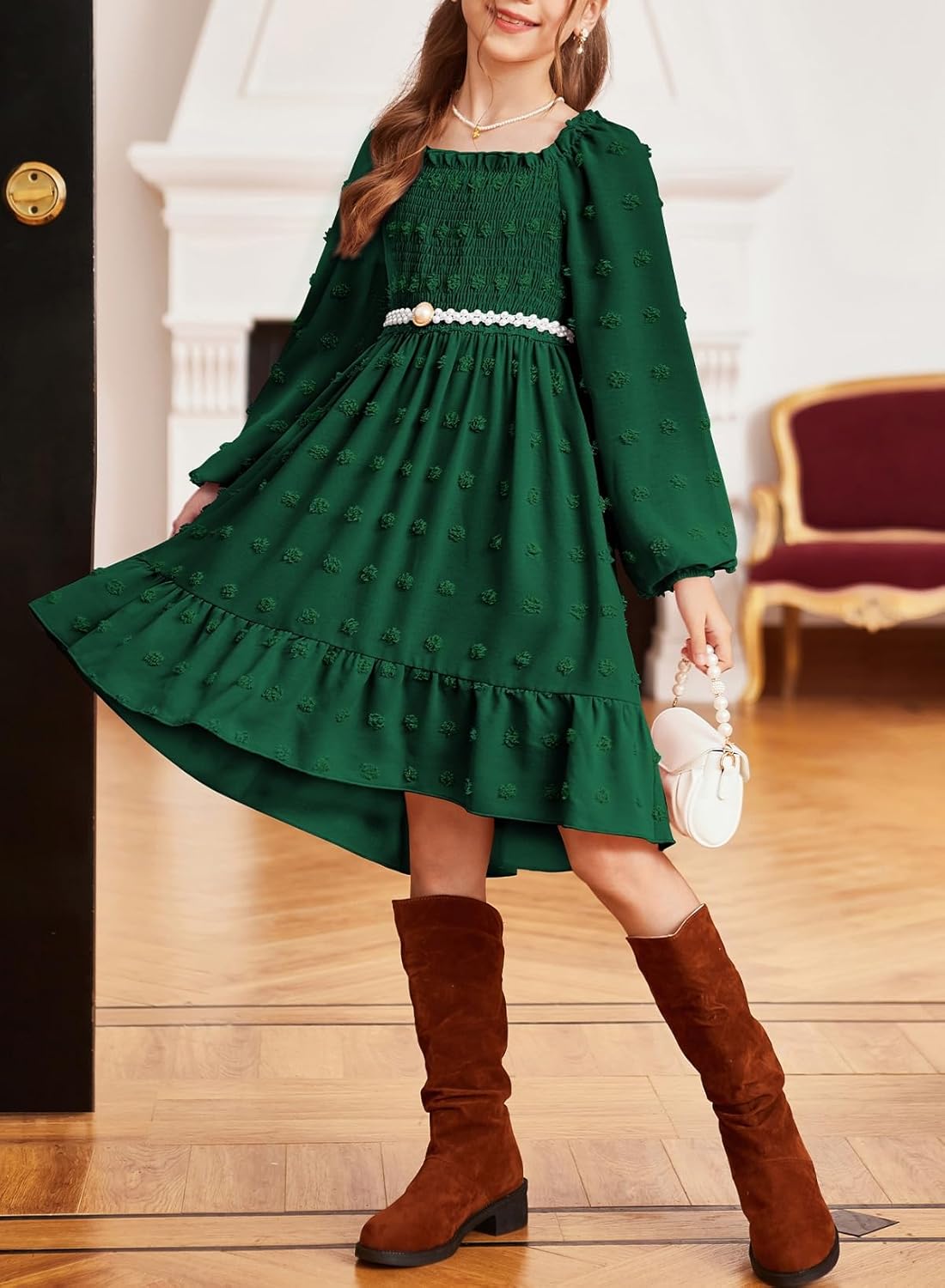 blibean Girls 2025 Fall Dresses Long Sleeve Polka Dots Pockets Dress Size 6-15 Years - Image 5