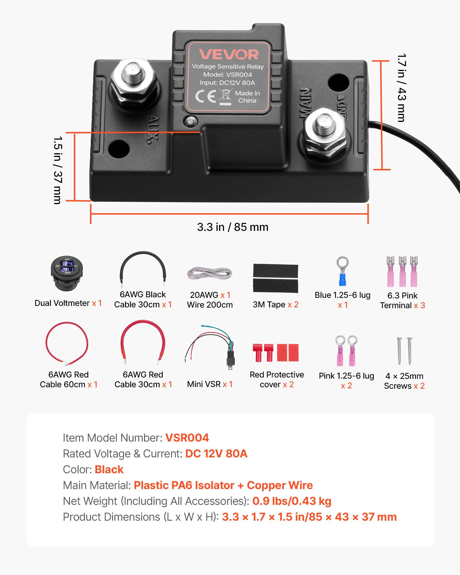 VEVOR Kit Isolatore Batteria Doppia 12 V 80 Amp, Relè Sensibile alla Tensione VSR Manuale e Automatico con Voltmetro, Schermo LCD, Isolatore Compatibile con Batterie al Piombo, per Furgone Camper