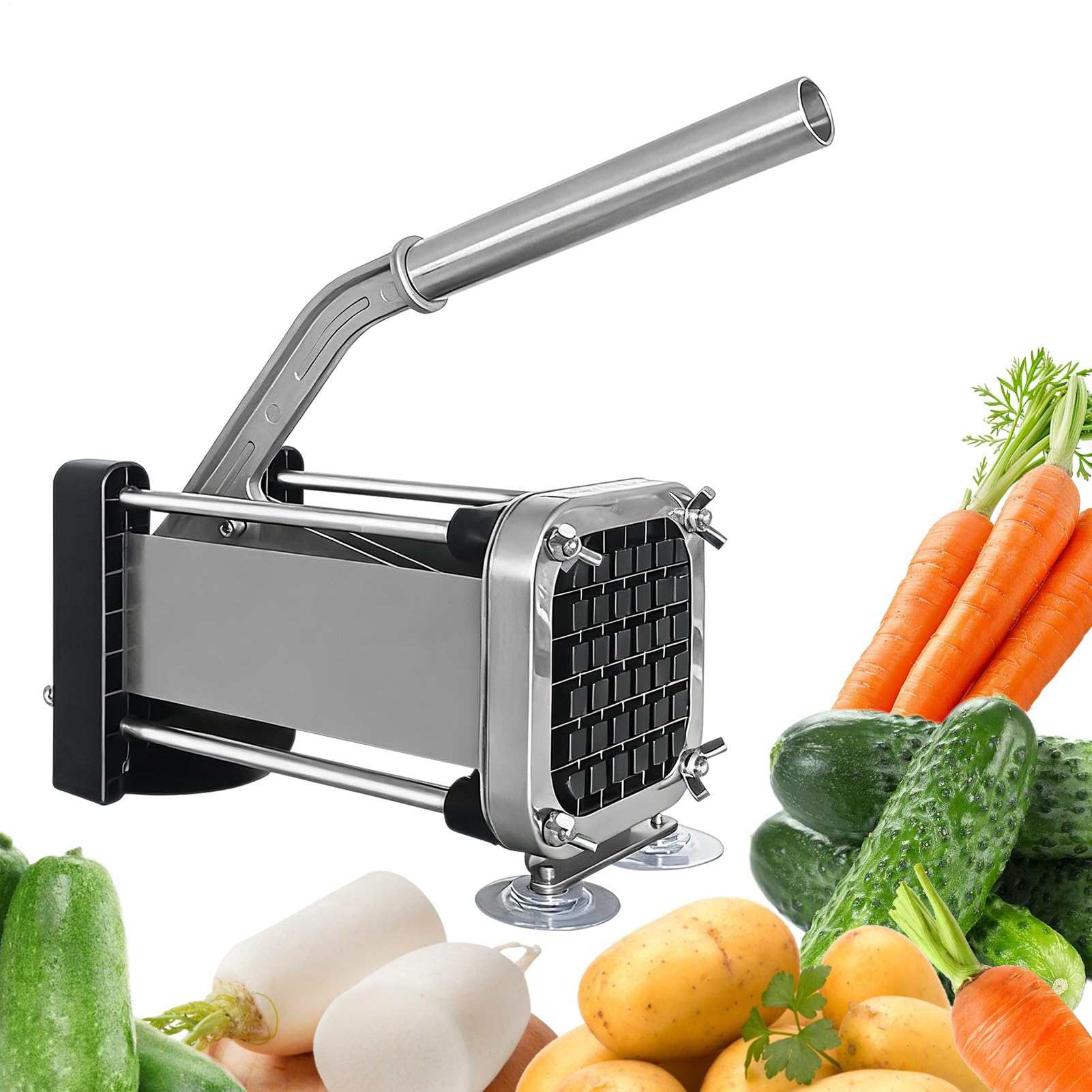 Pommes-Schneider Edelstahl Schneider Häcksler für Gemüse Gurken Karotten | Kartoffelschneider Pommes Presse Küchenhelfer Schneidgerät für Salat, Zuhause, Gastronomie, BBQ, Camping, Haushalt