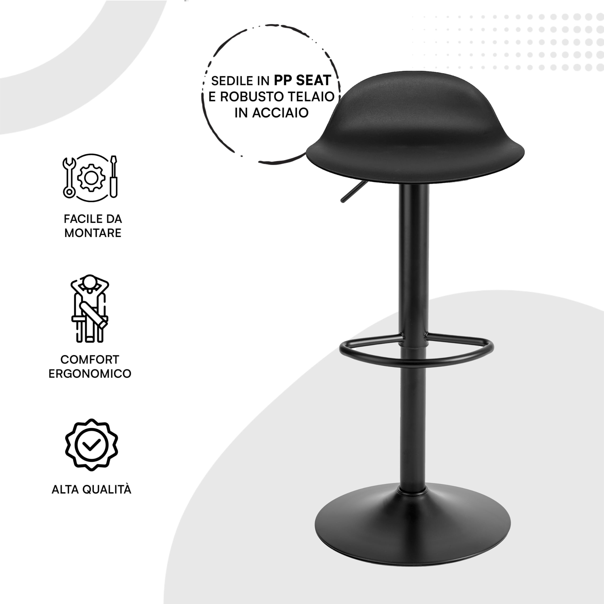 Baroni Home Sgabello Girevole con Altezza Regolabile, Fondo Antigraffio e Poggia Piedi, Per Cucina, Ristorante e Bar, Leggero e Montaggio Facile, 40x40x64-86 cm, 1 Pezzo, Nero