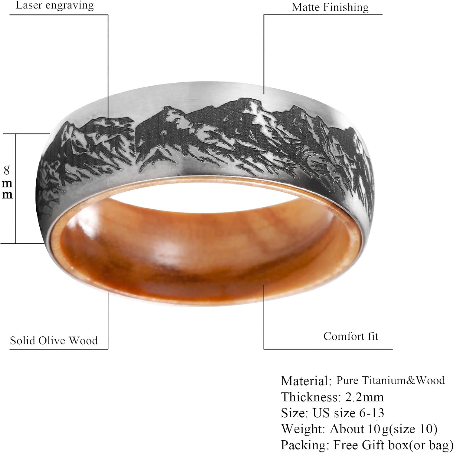 Men's 8mm Domed Matte Finish Titanium Ring with Engraved Mountain Scene Wedding Band with Olive Wood Inner