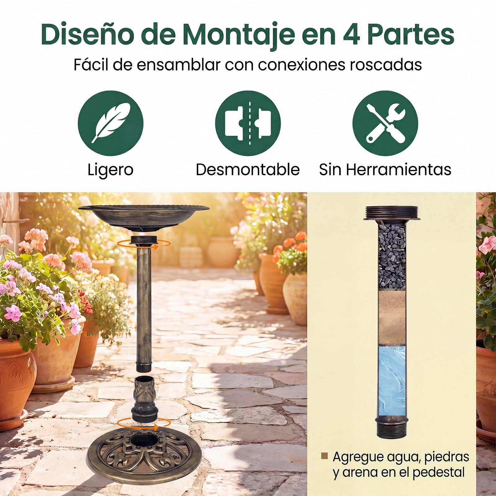 GYMAX Baño para Pájaros con Fuente Solar 2 en 1, Bebedero de Pájaros de Pie Antiguo con 6 Boquillas y 3 Estacas, Comedero para Aves Vintage para Patio, Jardín, 51 x 51 x 71 cm