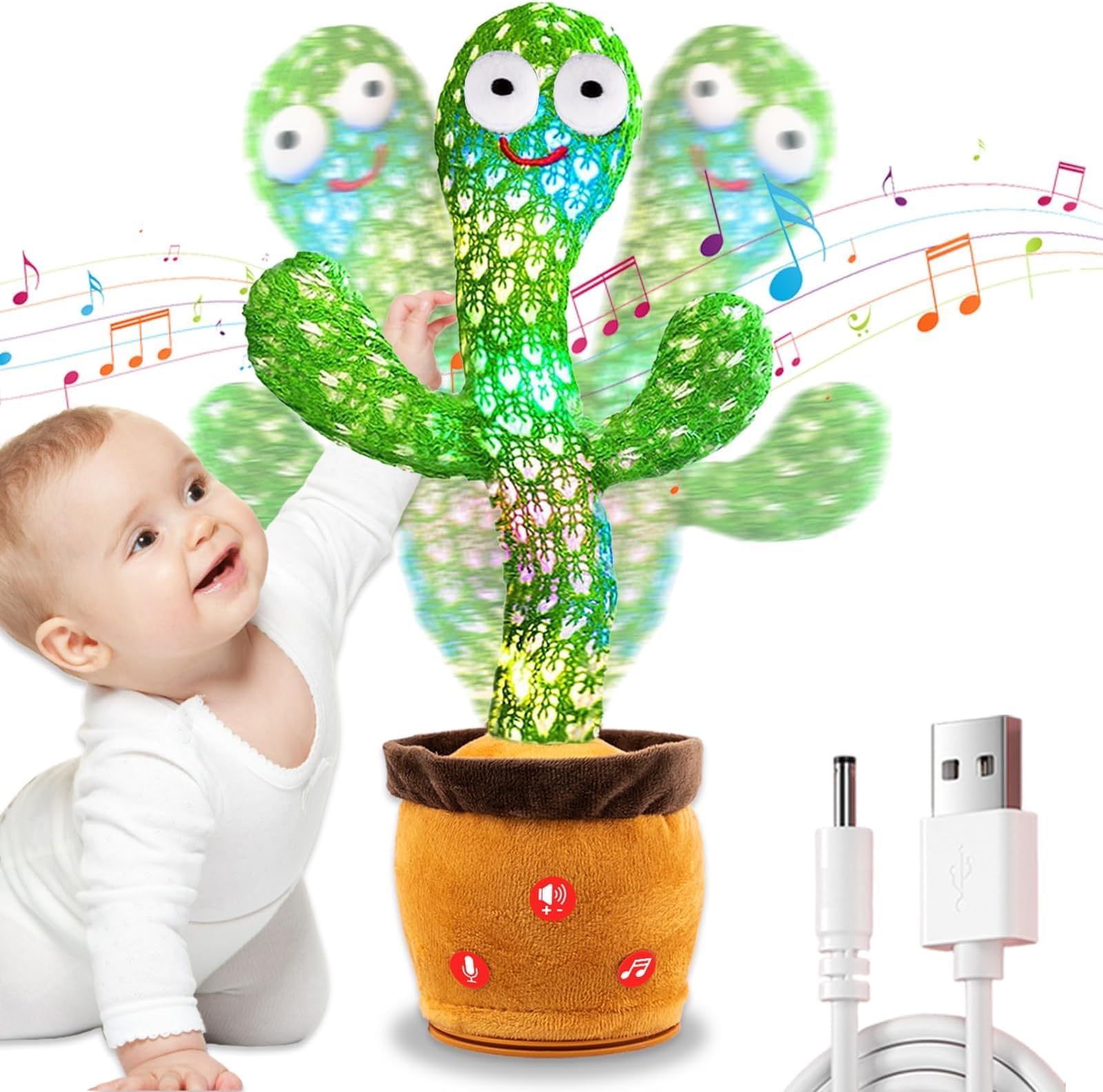 Rechargeable Dancing Talking Cactus Plush Toy for Kids - Volume Adjustable Mimicking and Singing Cactus with Music & Light - Funny Birthday Gifts for Years Old Boy Girl