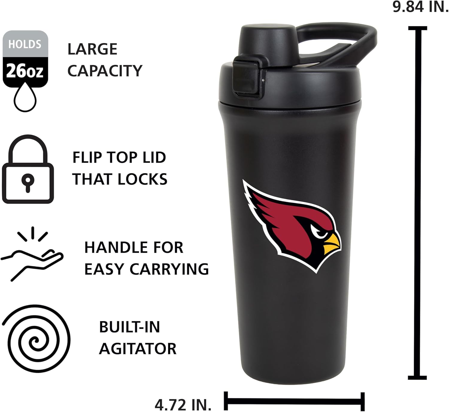 FANMATS NFL 26 oz Stainless Steel Shaker Bottle — Leak-Resistant Flip-Top Lid | Sleek Team Design | Built-In Mixing Screen