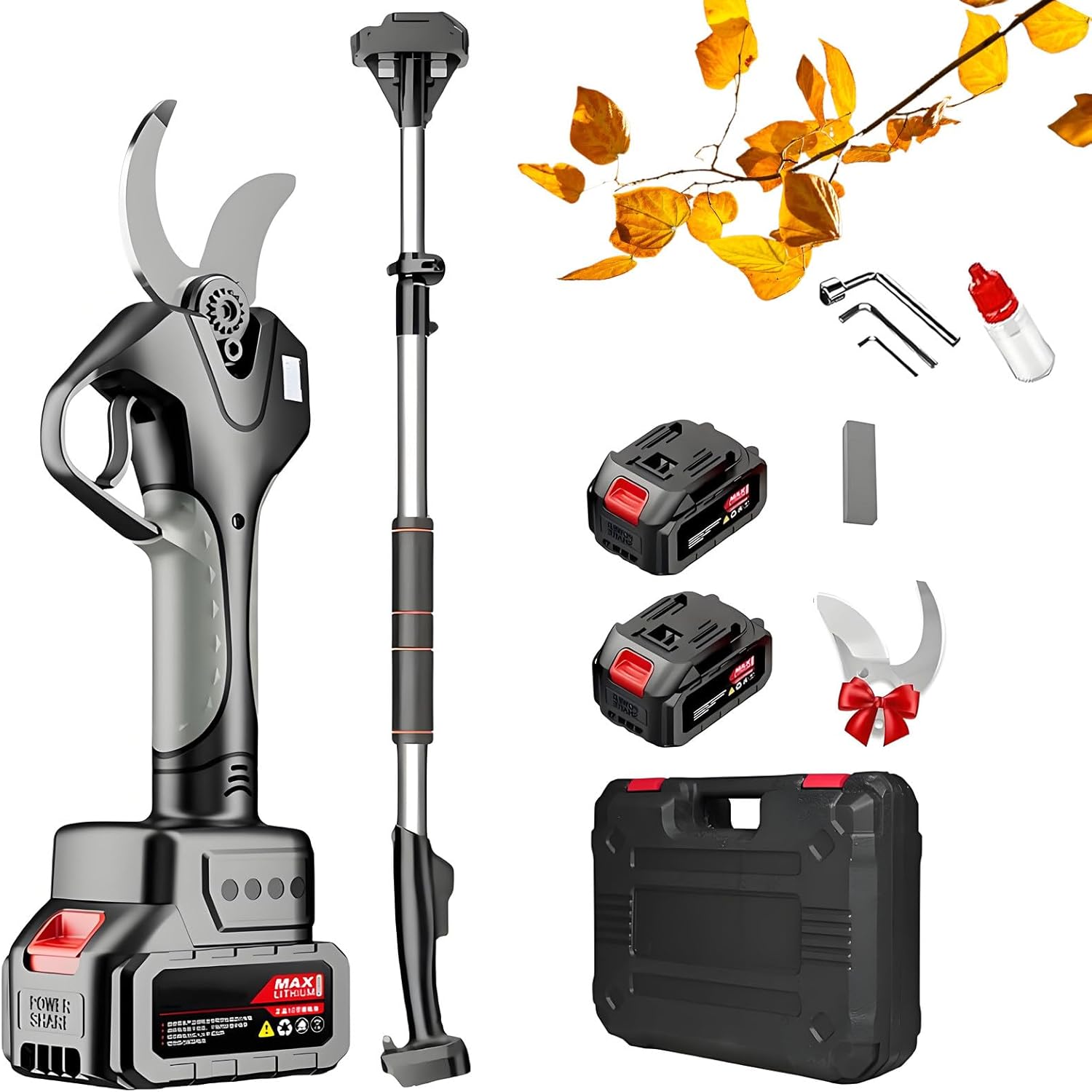 Professional Cordless Electric Pruner Shears with 7 FT High Reach Extension Pole, 50MM Cutting Diameter, Battery Powered Pole Pruner with 2pcs Battery, LCD Display