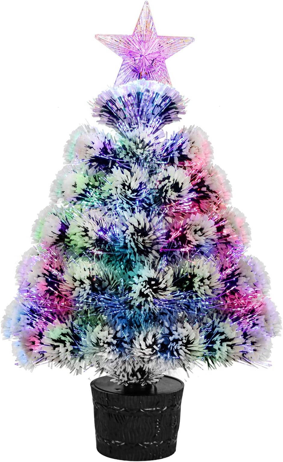 Small Christmas Tree Fiber Optic Lighted, 54cm Pre-Lit Tabletop Christmas Tree Mini Artificial Desktop Xmas Tree Snowflocked with Tree Star,RGB Lighting