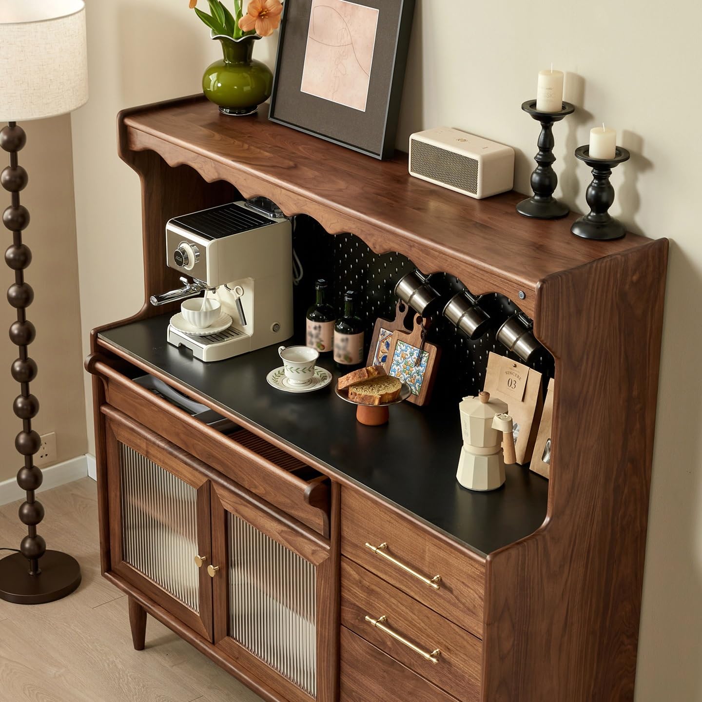 Armadio a buffet Credenza in noce nera per bar ristorante, caffetteria, armadio portaoggetti in stile giapponese, soggiorno, ingresso, corridoio, credenza per mobili decorativi (120 x 45 x 140 cm)