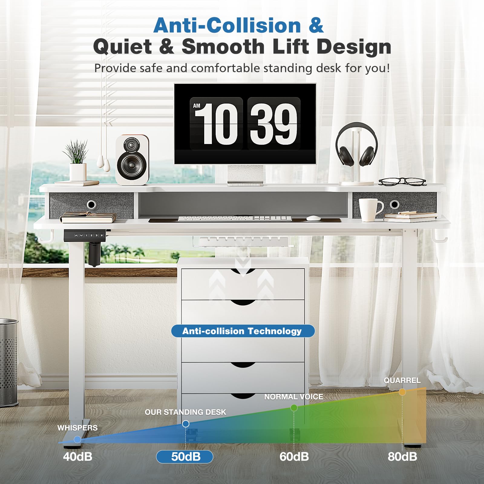 OLIXIS Electric Standing Desk - 55 x 24 Inch Adjustable Height Sit and Stand Up Computer Table with Double Drawers, Wire Hole and Hook for Home and Office, Gaming, Drafting, Writing, White