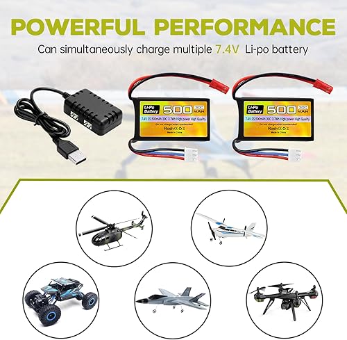 Miniatura 6 de Fytoo Batería Lipo de 7.4V 500mAh 30C con enchufe JST-2P con cargador 2 en 1 para helicóptero RC Quadcopter pequeño avión micro FPV Racing Drone RC